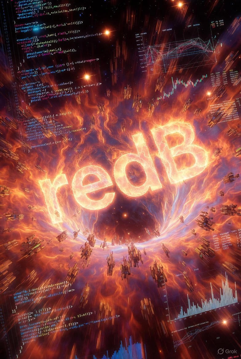 RedBase (redB) logo rendered in fire-explosion style, with C# code snippets and data charts in the background
