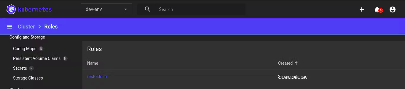 test-admin role creation successful in dev-env namespace