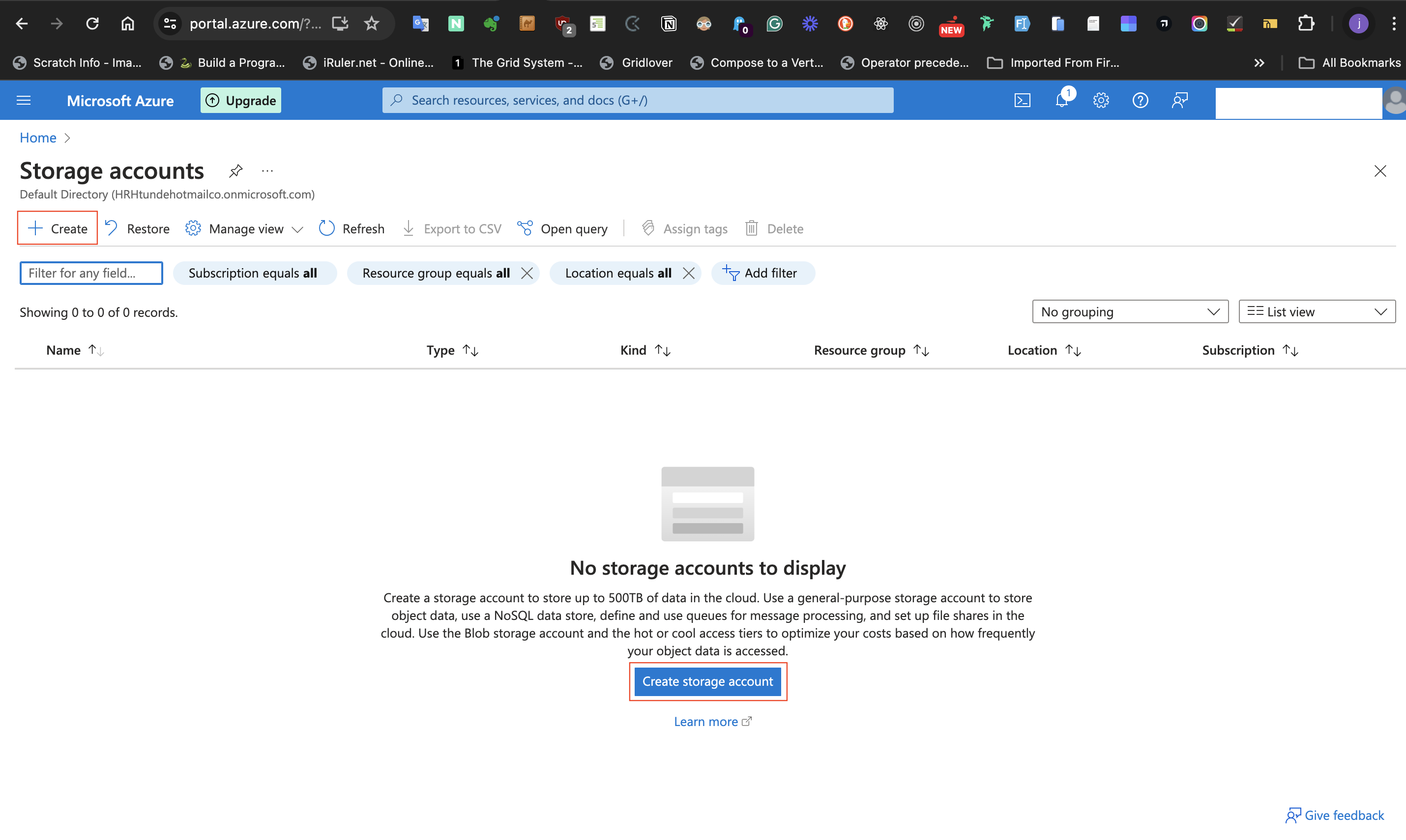 options to creating storage account