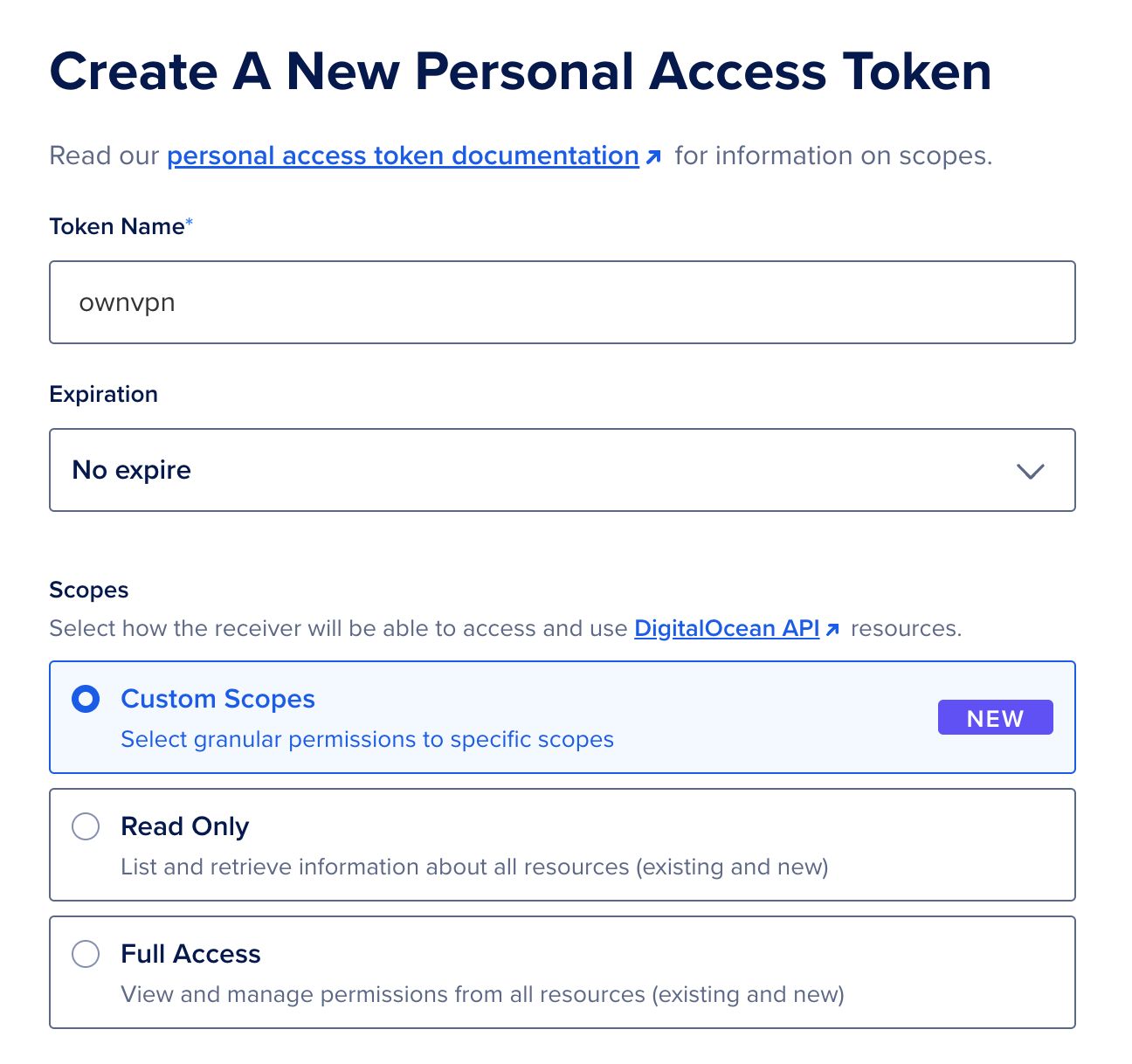 DigitalOcean creating token