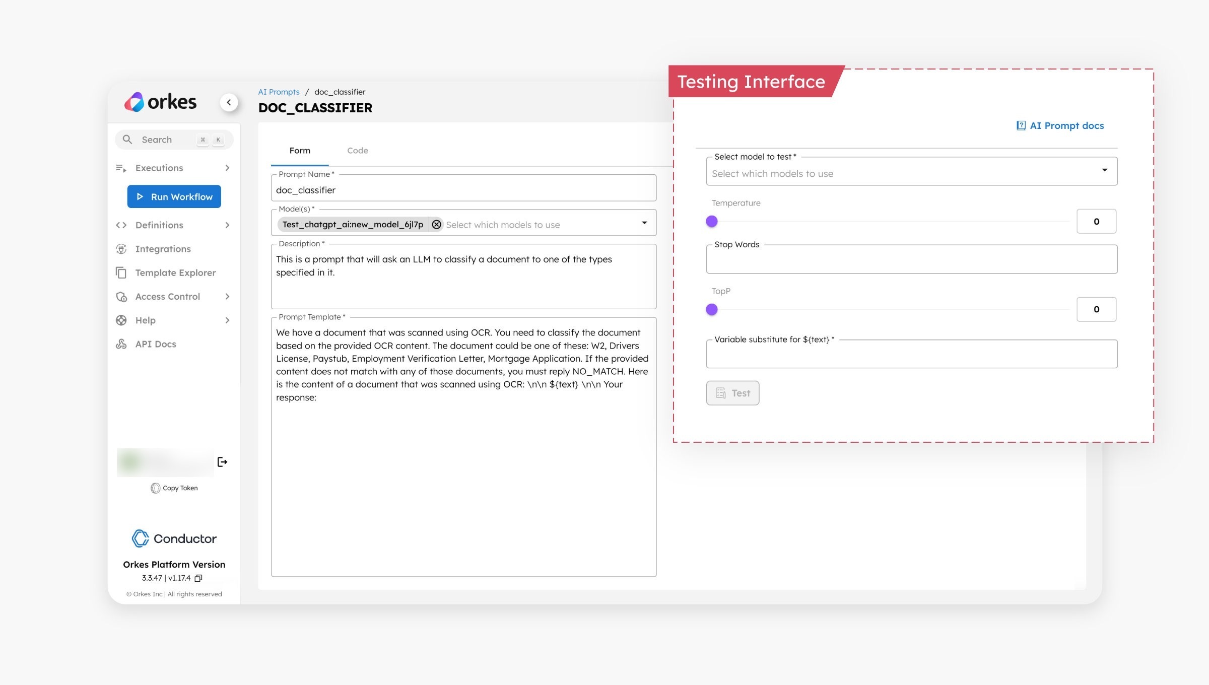 Testing Interface for prompts in Orkes Conductor
