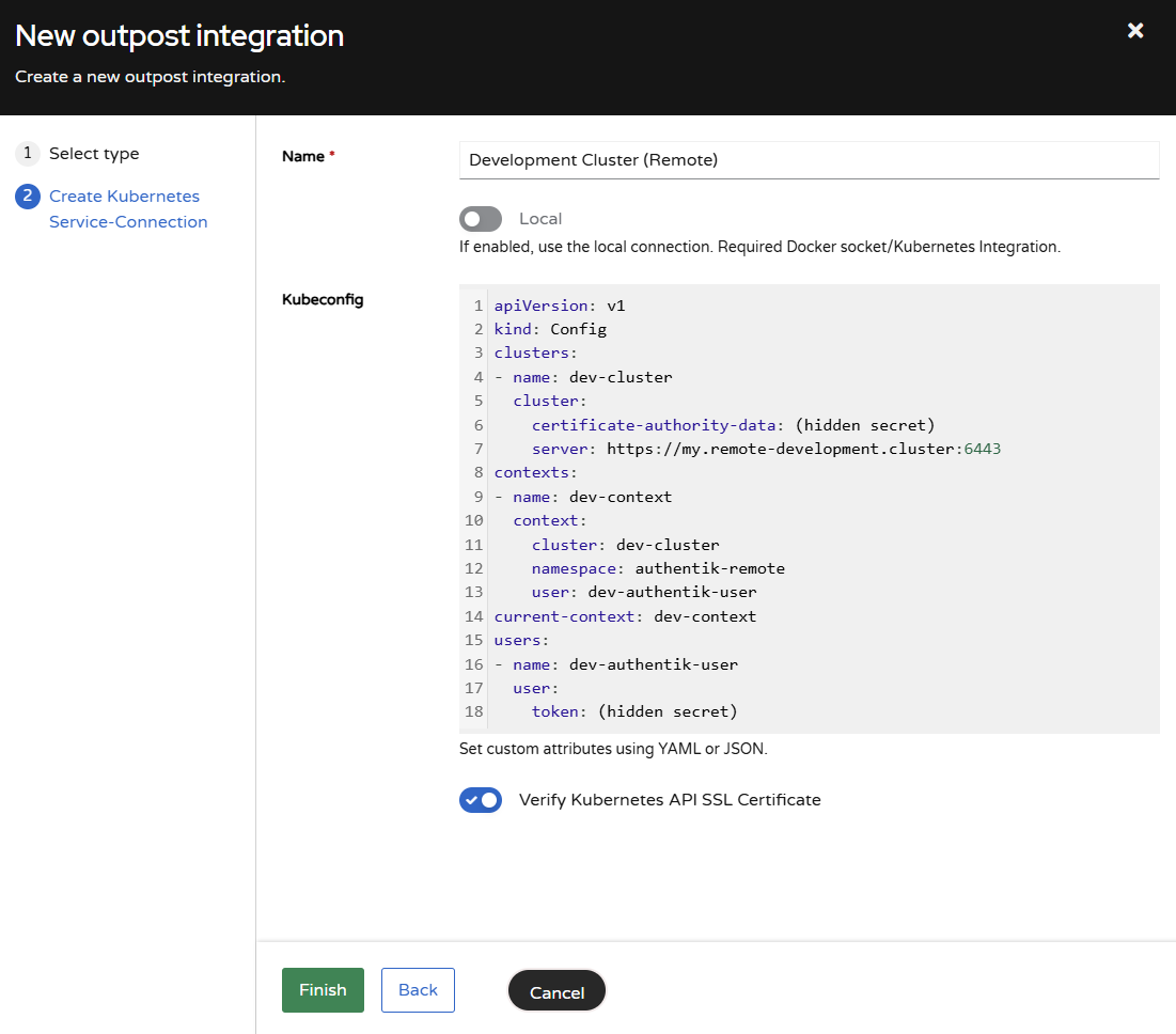 Window to set name and settings of the new Outpost integration