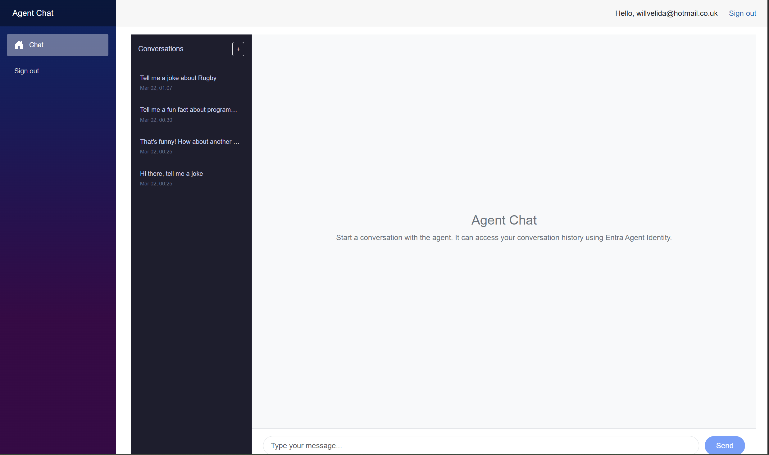 <strong>Screenshot:</strong> The chat interface in its empty state, showing the sidebar and the &ldquo;Start a conversation with the agent&rdquo; prompt.