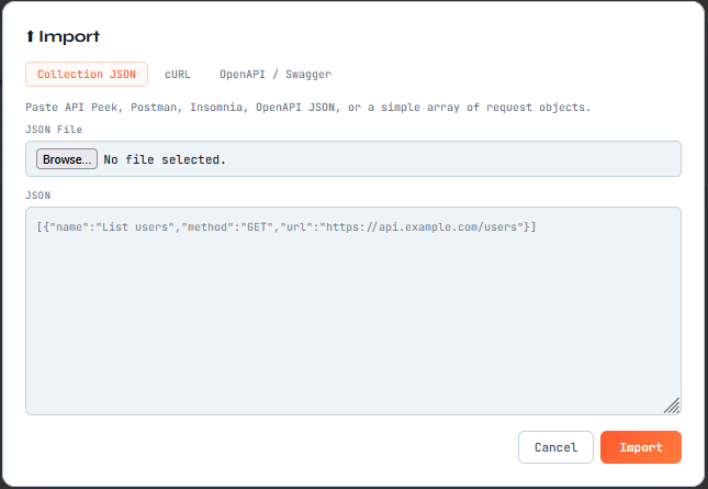 API Peek - import and upload collection