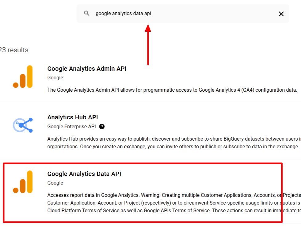 Search and enable Google Analytics Data API