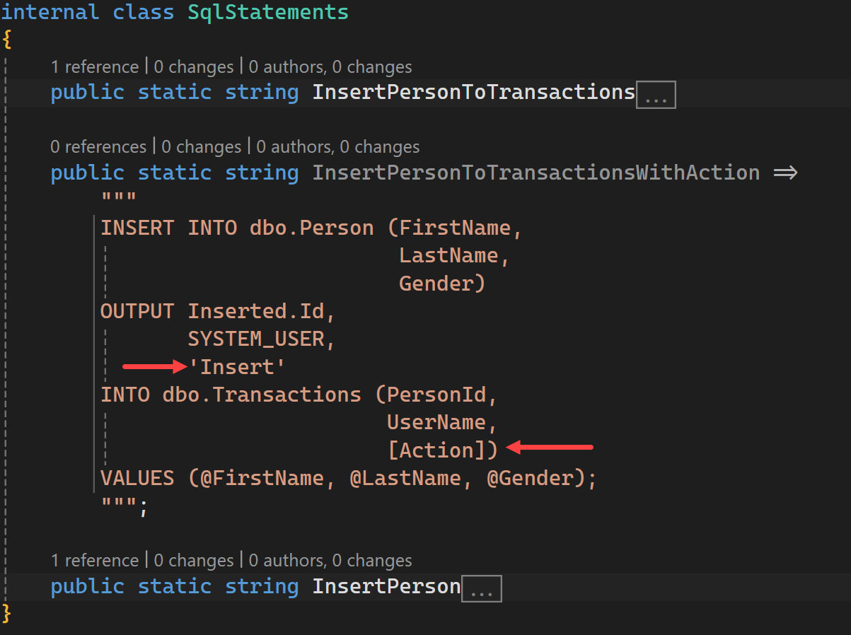 sql statement with action column