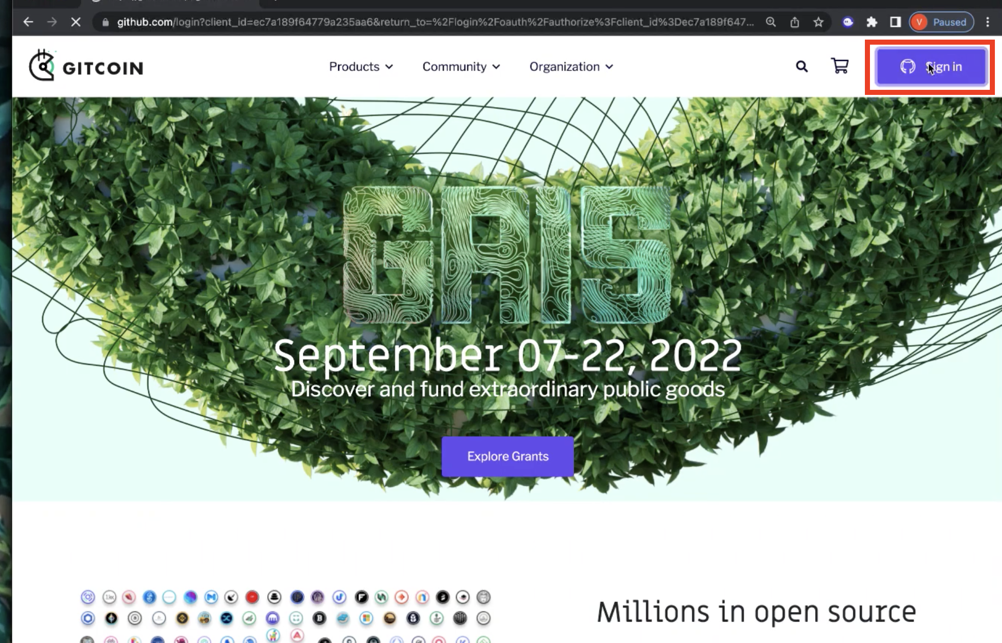 Image of Gitcoin website with sign in button highlighted
