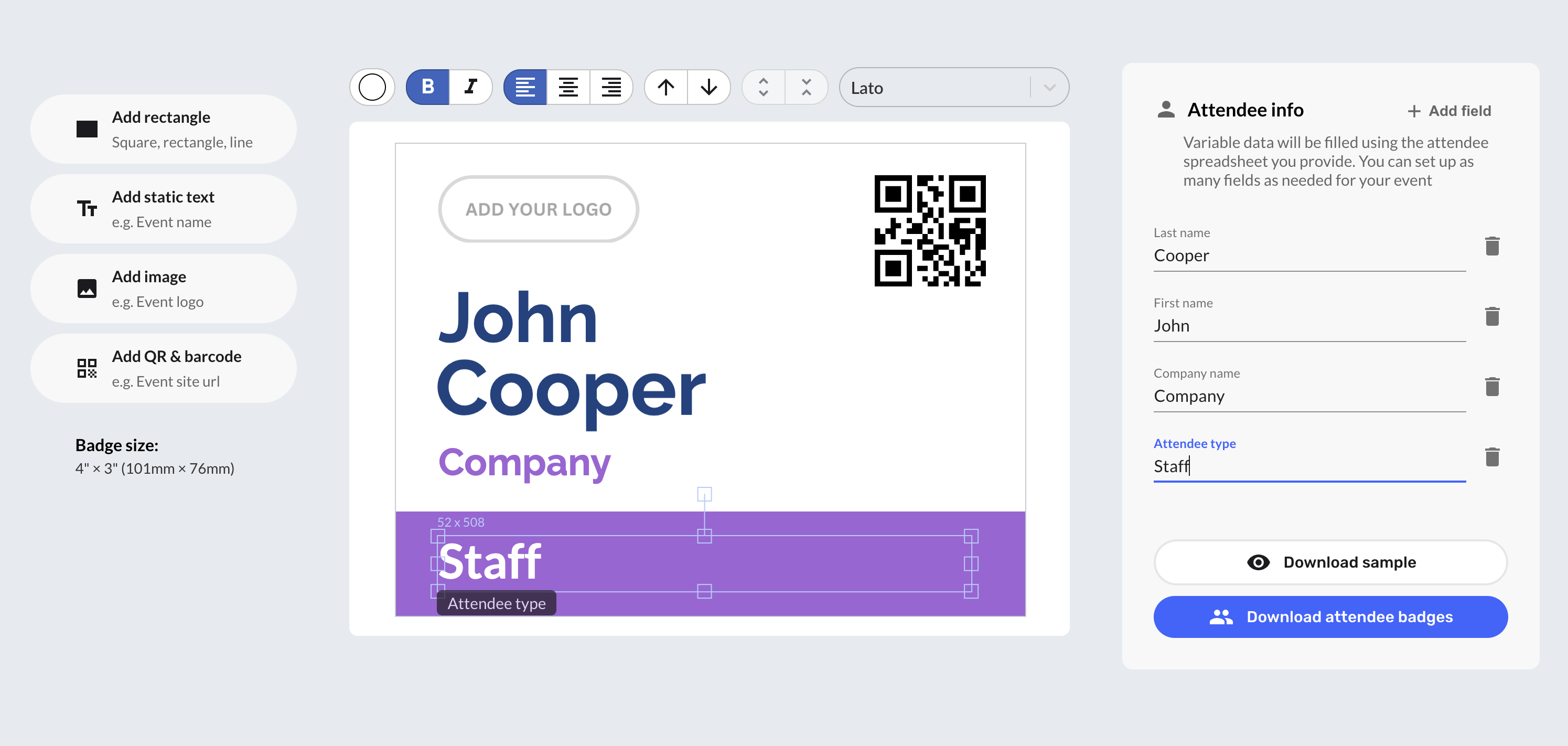 BadgeFlow app UI - Ready-to-print PDF name badges from a spreadsheet
