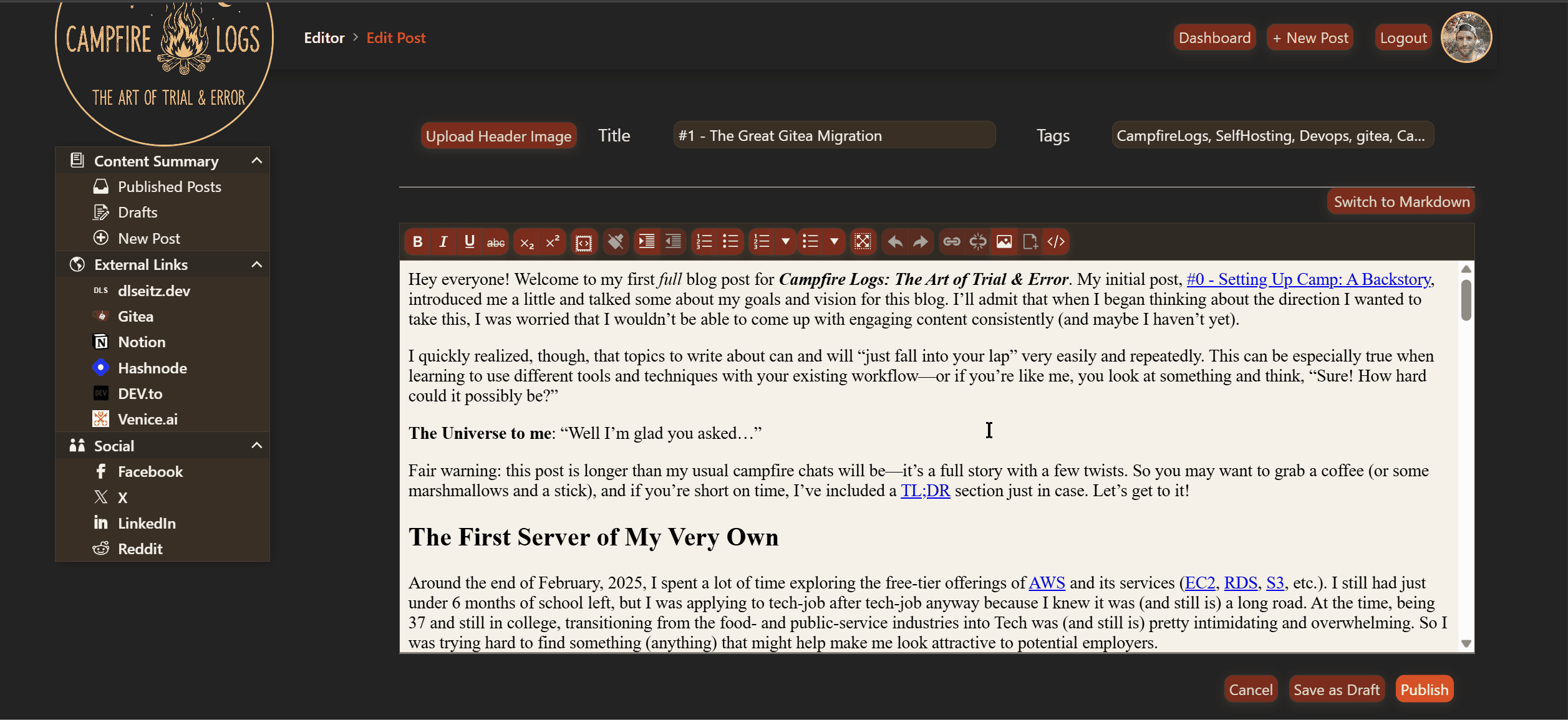 A demonstration of the interactive dual-mode text editor in the Campfire Logs CMS application.