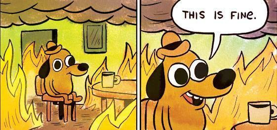 The "This is fine" popular internet meme. A two panel comic. The first panel shows an anthropomorphized dog sitting on a chair next to a table with a coffee mug on it. The room the dog is in is covered in flames and smoke covers the ceiling. The dog's eyes do not seem to betray any fear of the situation. In the second panel we zoom in on the dog's face where the dog says this is fine in a speech bubble that appears above their face. 