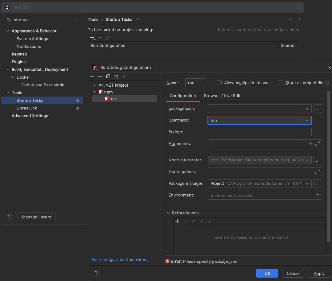 Run/Debug config for start up tasks