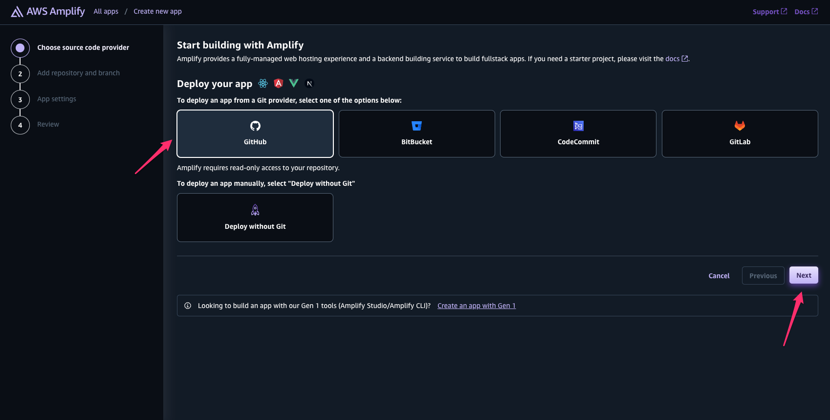 AWS console selecting the GitHub provider button
