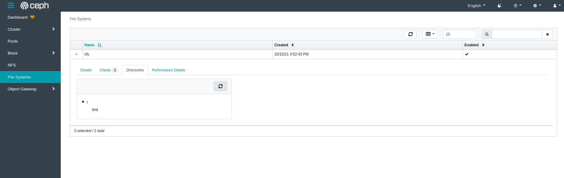 ceph dashboard showing the directory we created