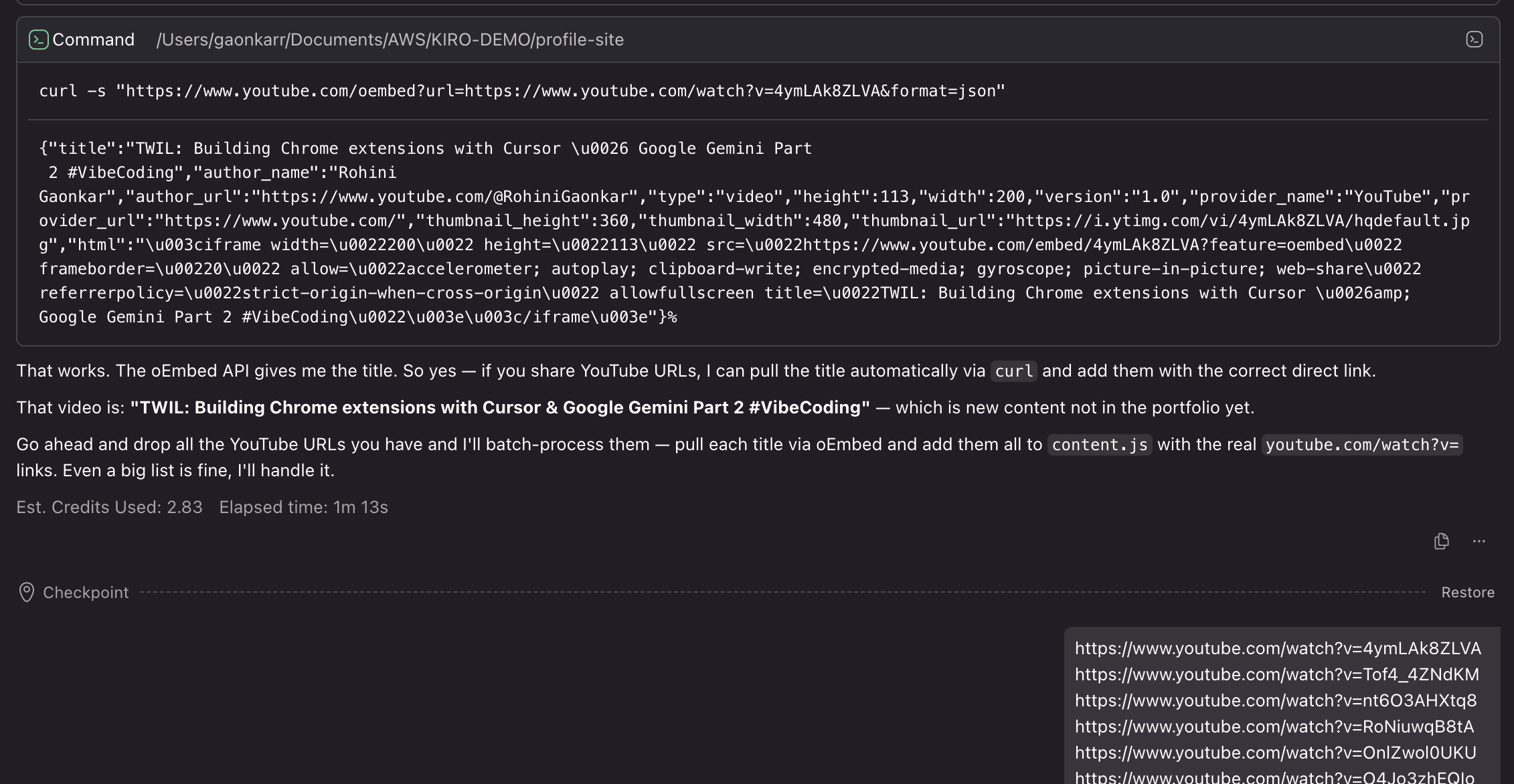Screenshot: Kiro trying different approaches to fetch YouTube data youtube-is-blocked-3