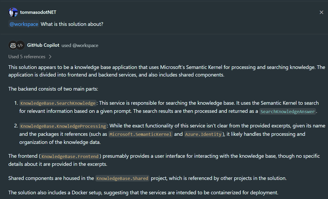 Copilot responds correctly to the question based on the context of the solution