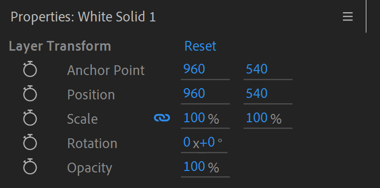 Screenshot of the after effects properties panel, looking at the properties of a white solid.