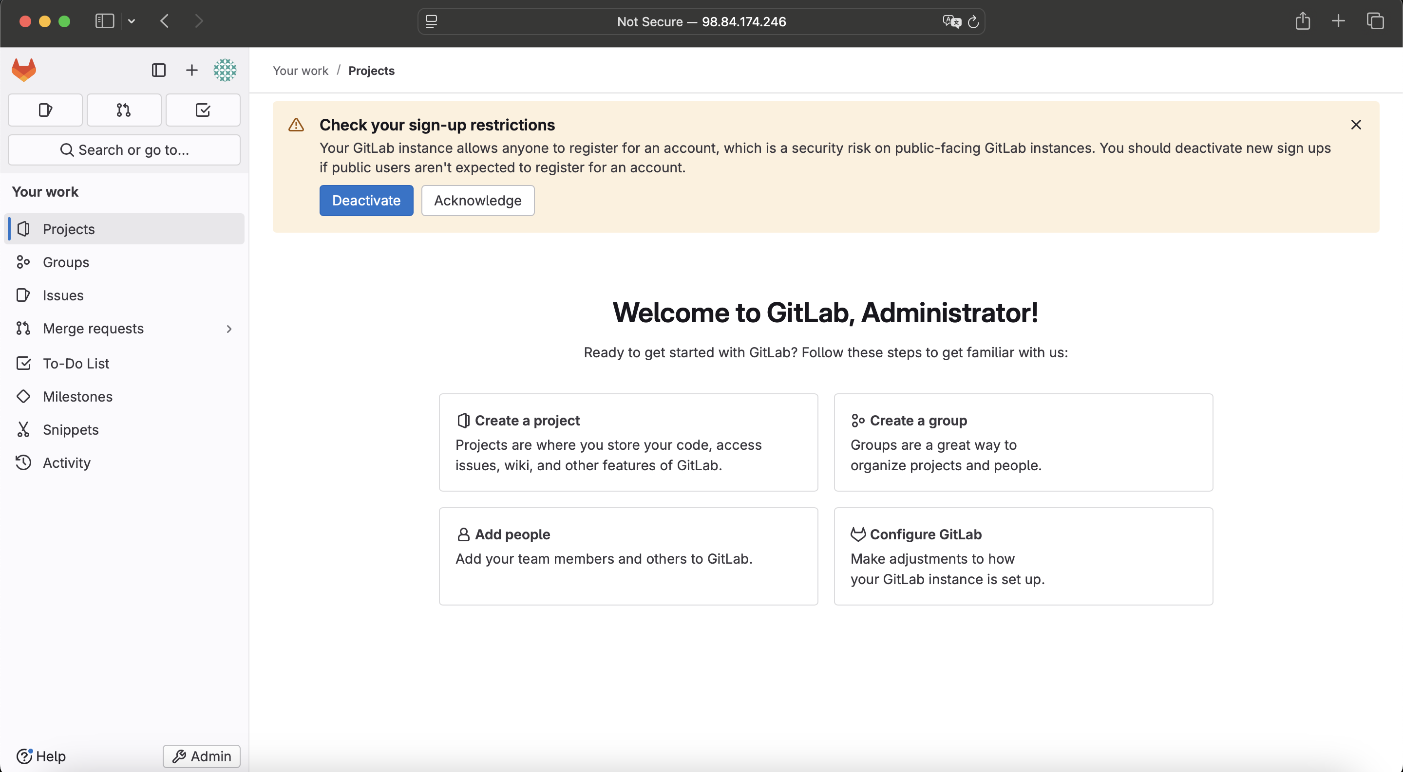 Pantalla inicial administrador GitLab