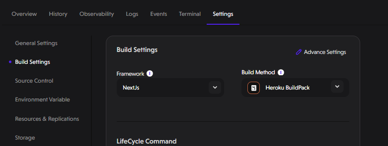 Build Settings with build method set to Heroku BuildPack