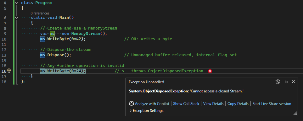 IDisposable capture runtime exception