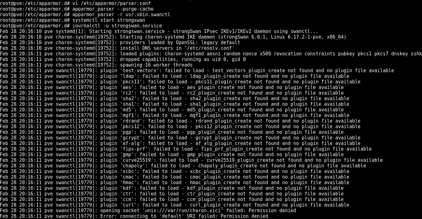 Output of the swanctl command still saying Permission denied.