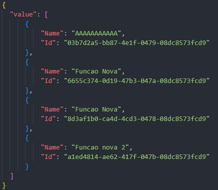 Exemplo arquivo JSON da fixture com os valores de name e id de cada objeto que aparecerá na aplicação