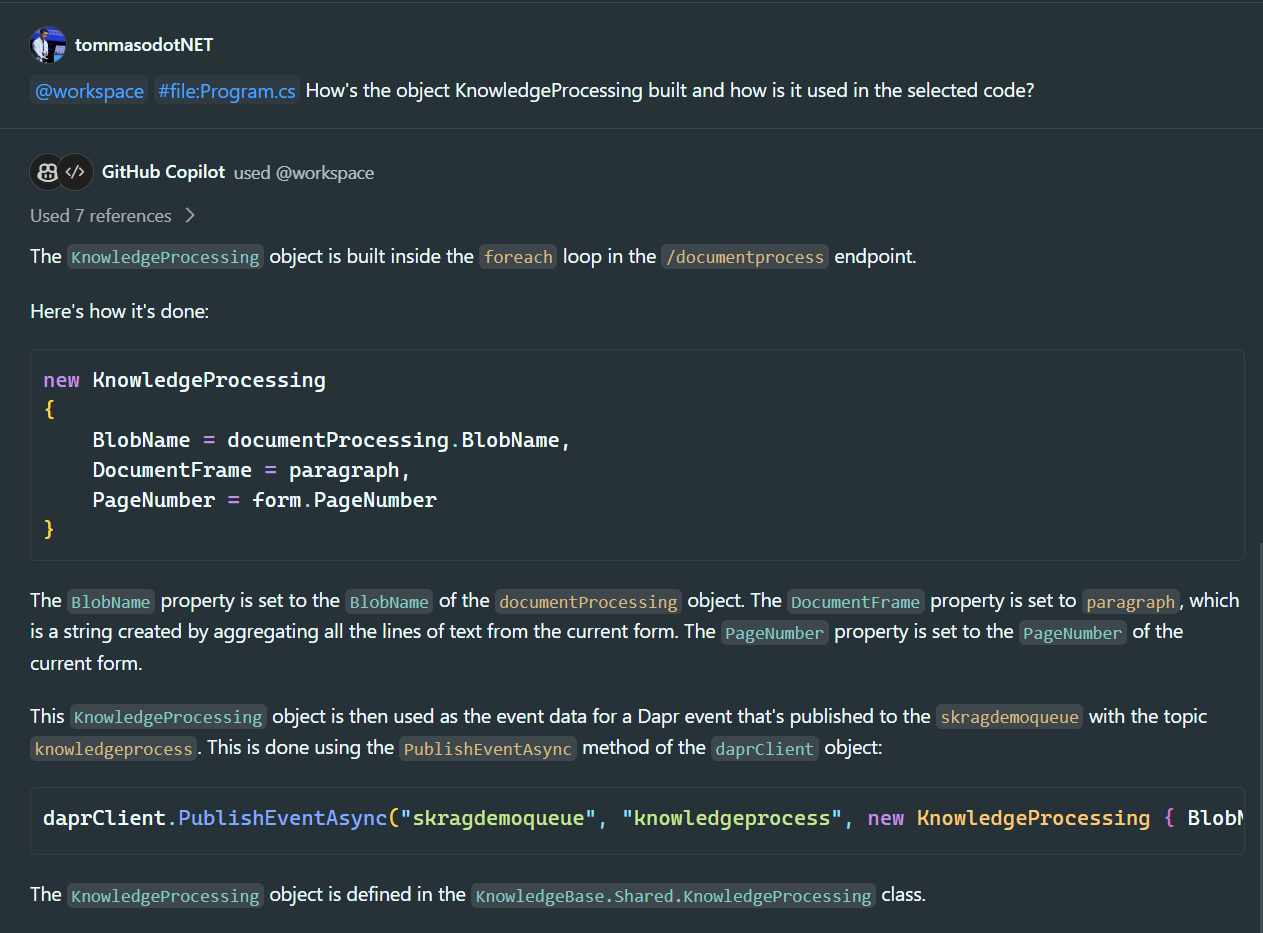 Copilot responds correctly by cross-referencing data from the selected code and another file
