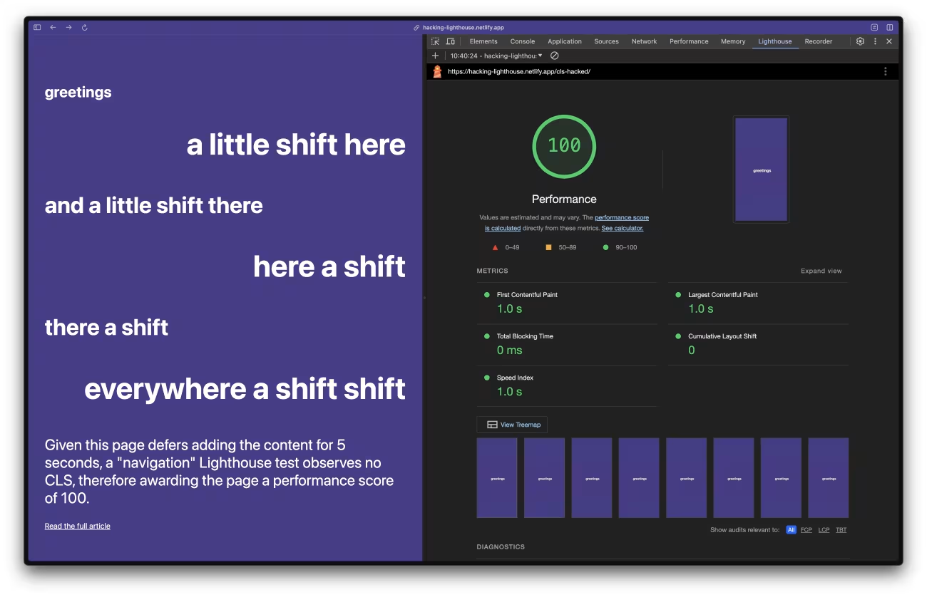 Lighthouse performance score of 100 following the second test.