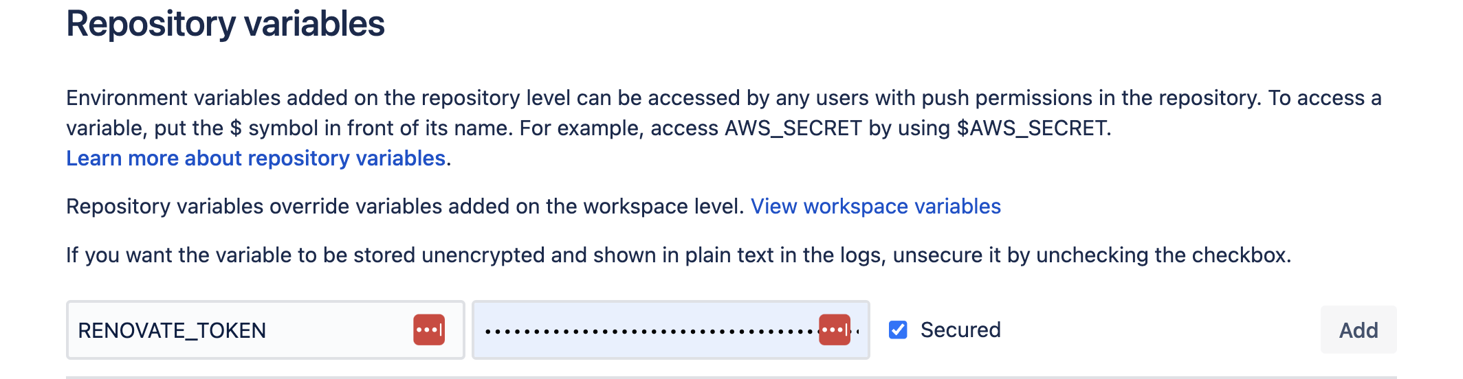Bitbucket pipeline variable screenshot
