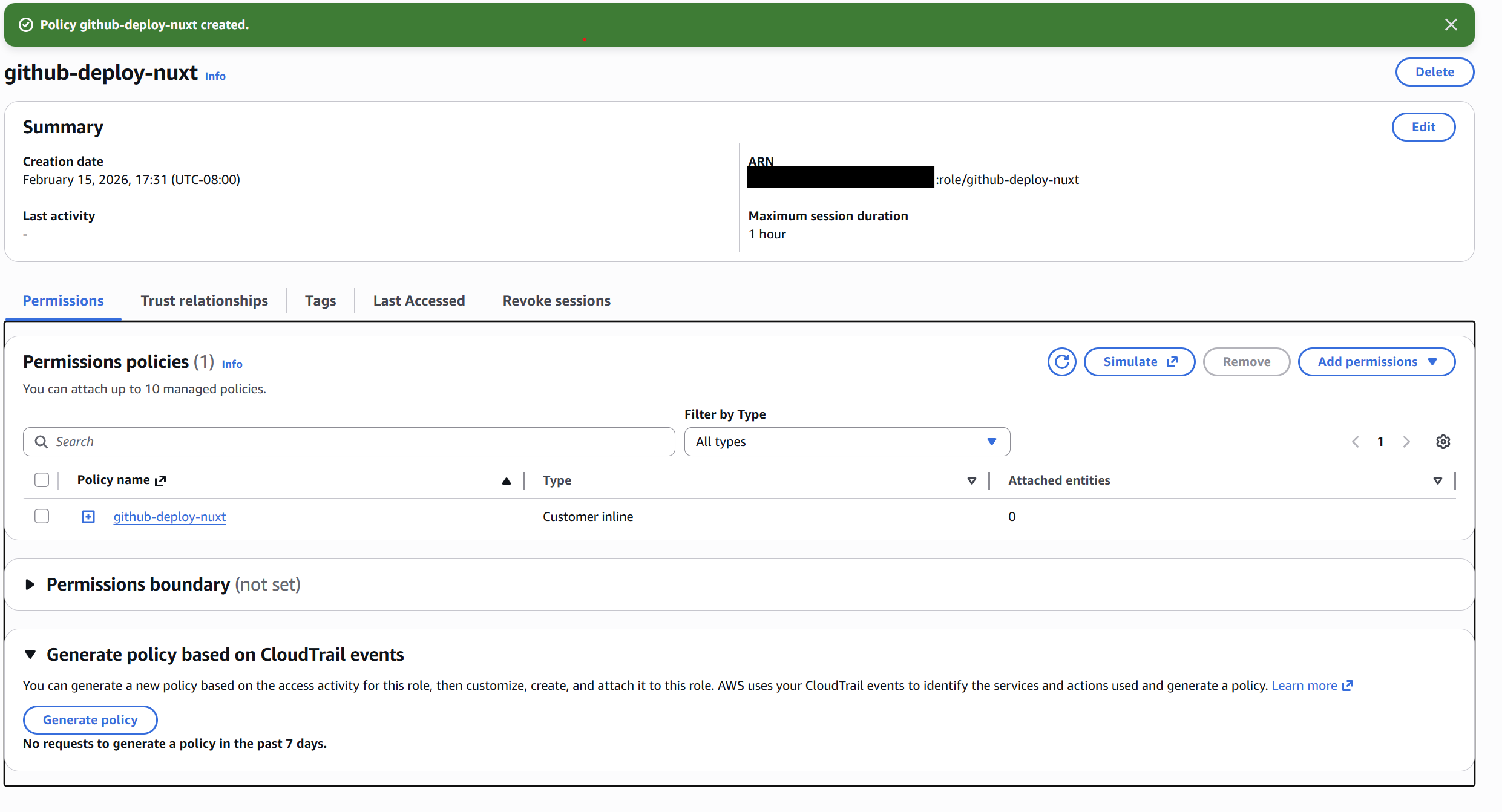 IAM role summary showing the ARN to copy