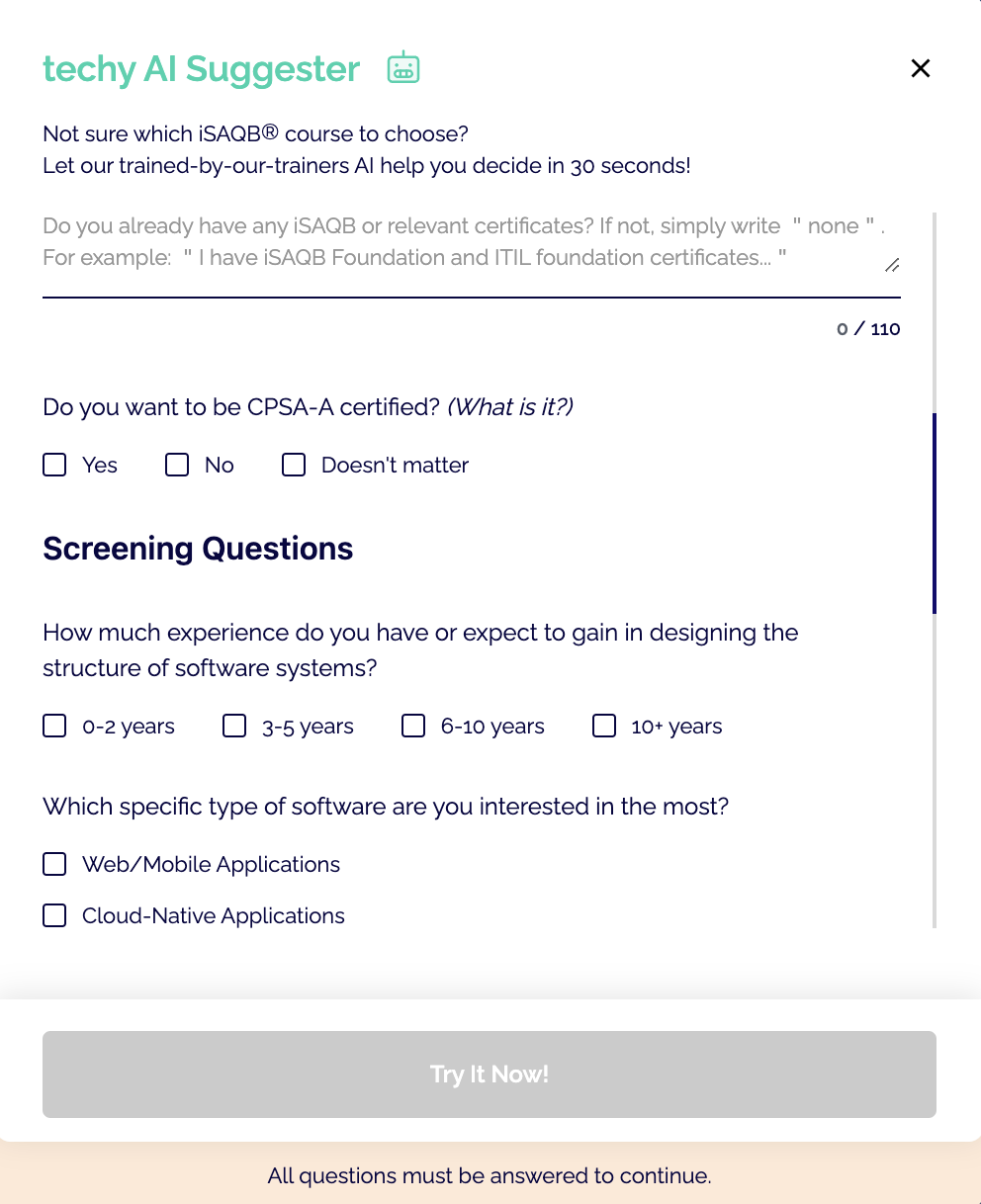 techy AI Suggeste trained-by-trainers AI help you decide which iSAQB® course to choose in 60 seconds!