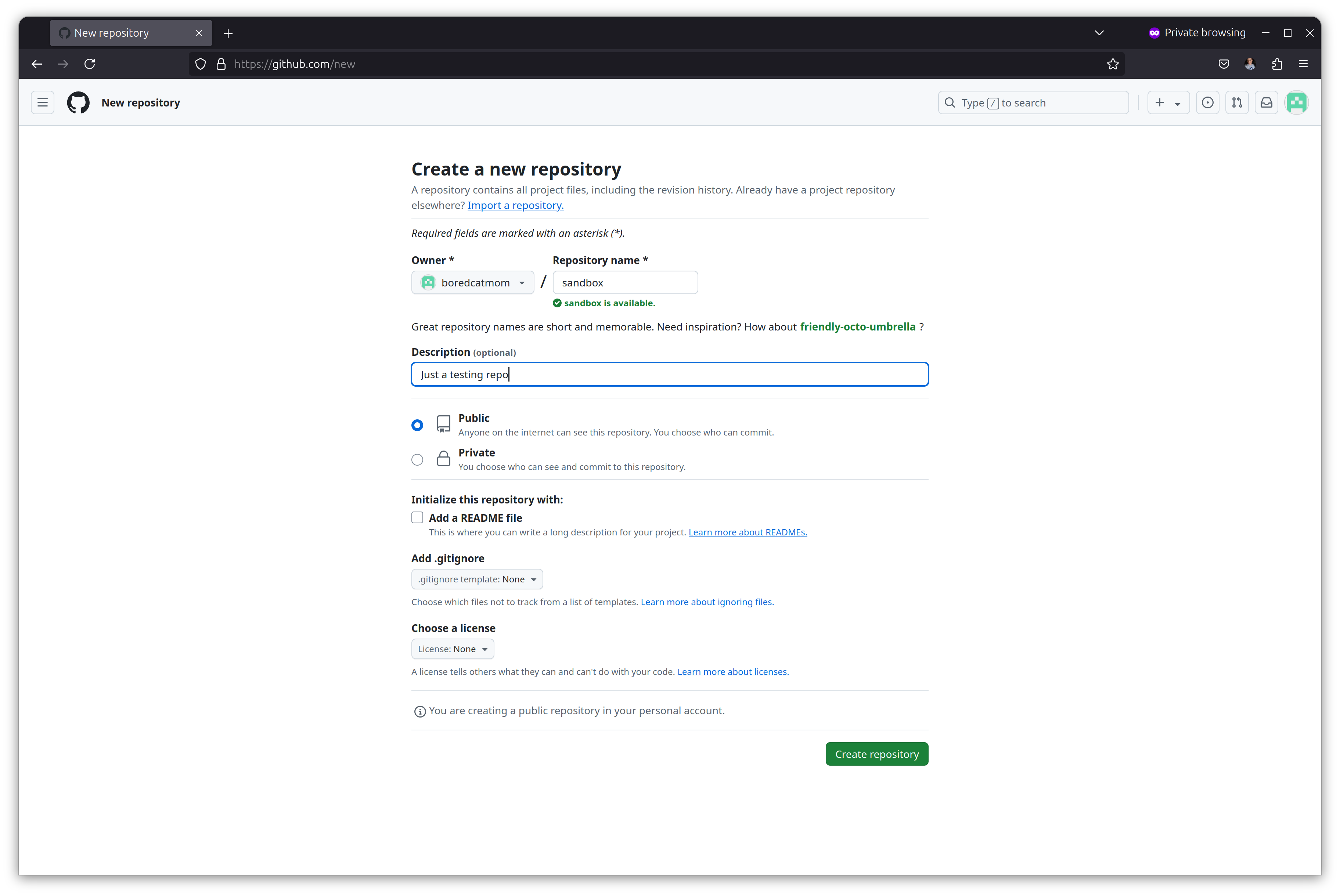 Creating a new repository on GitHub - filling the form