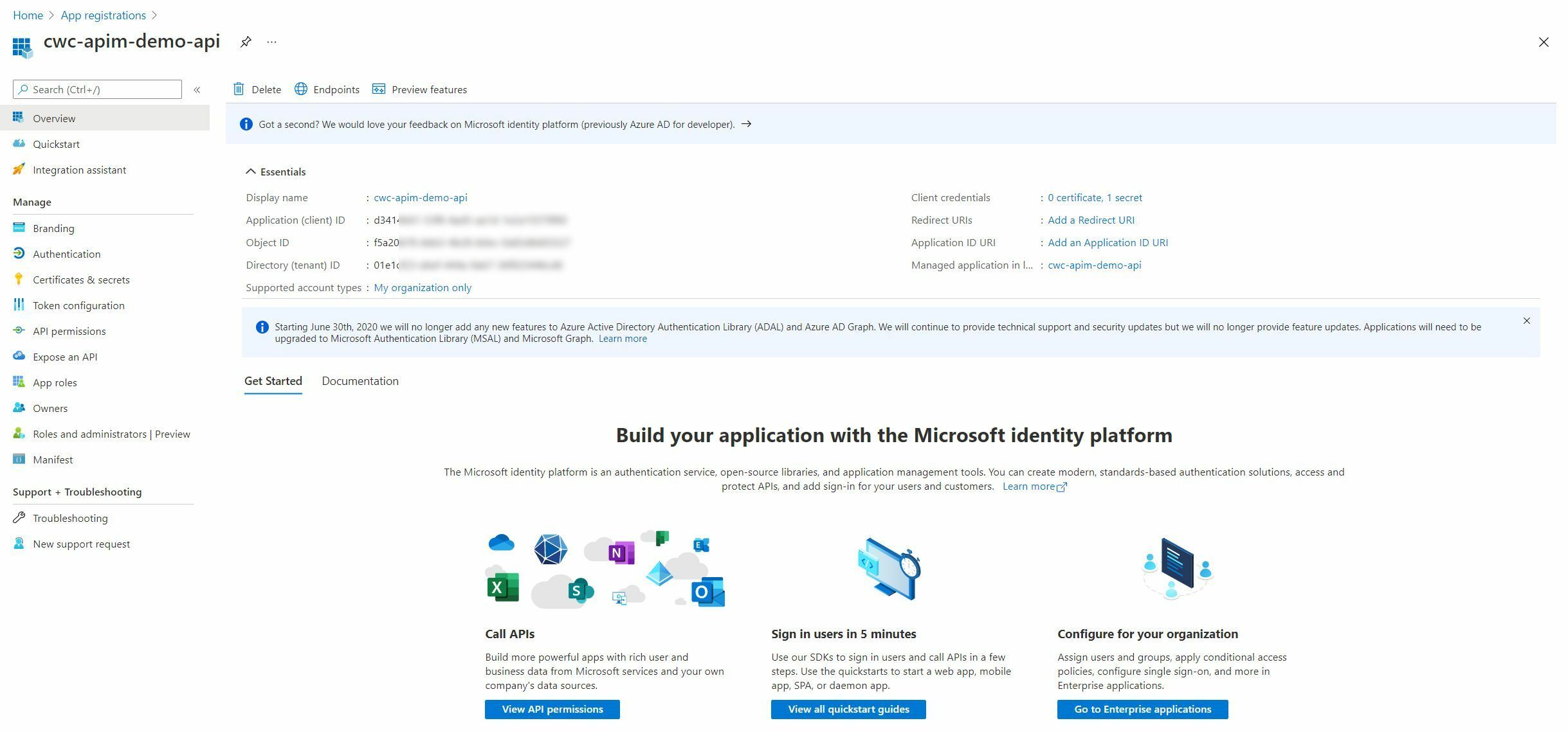 Screenshot showing the AAD Application Registration that was just created
