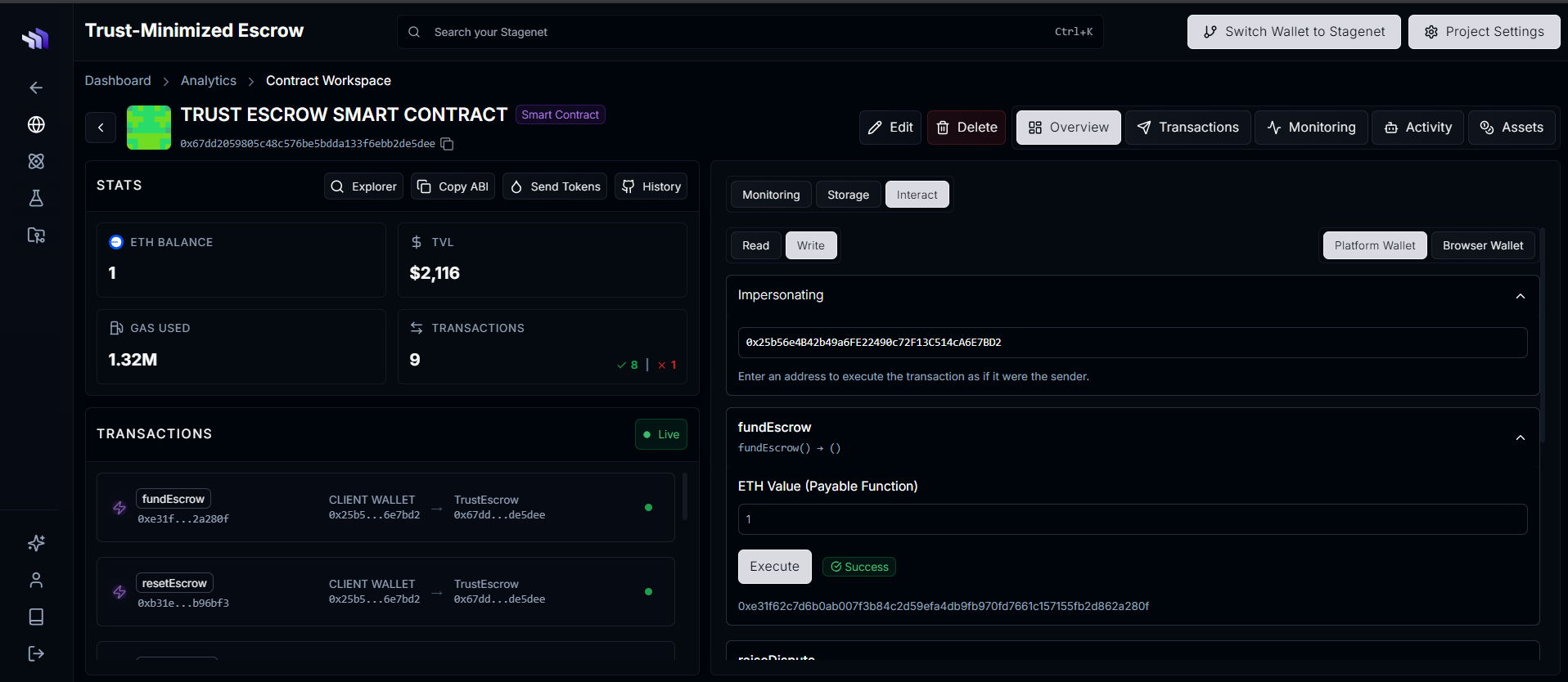The Workspace dashboard showing the 1 ETH balance and the state variable changed to Funded - 1