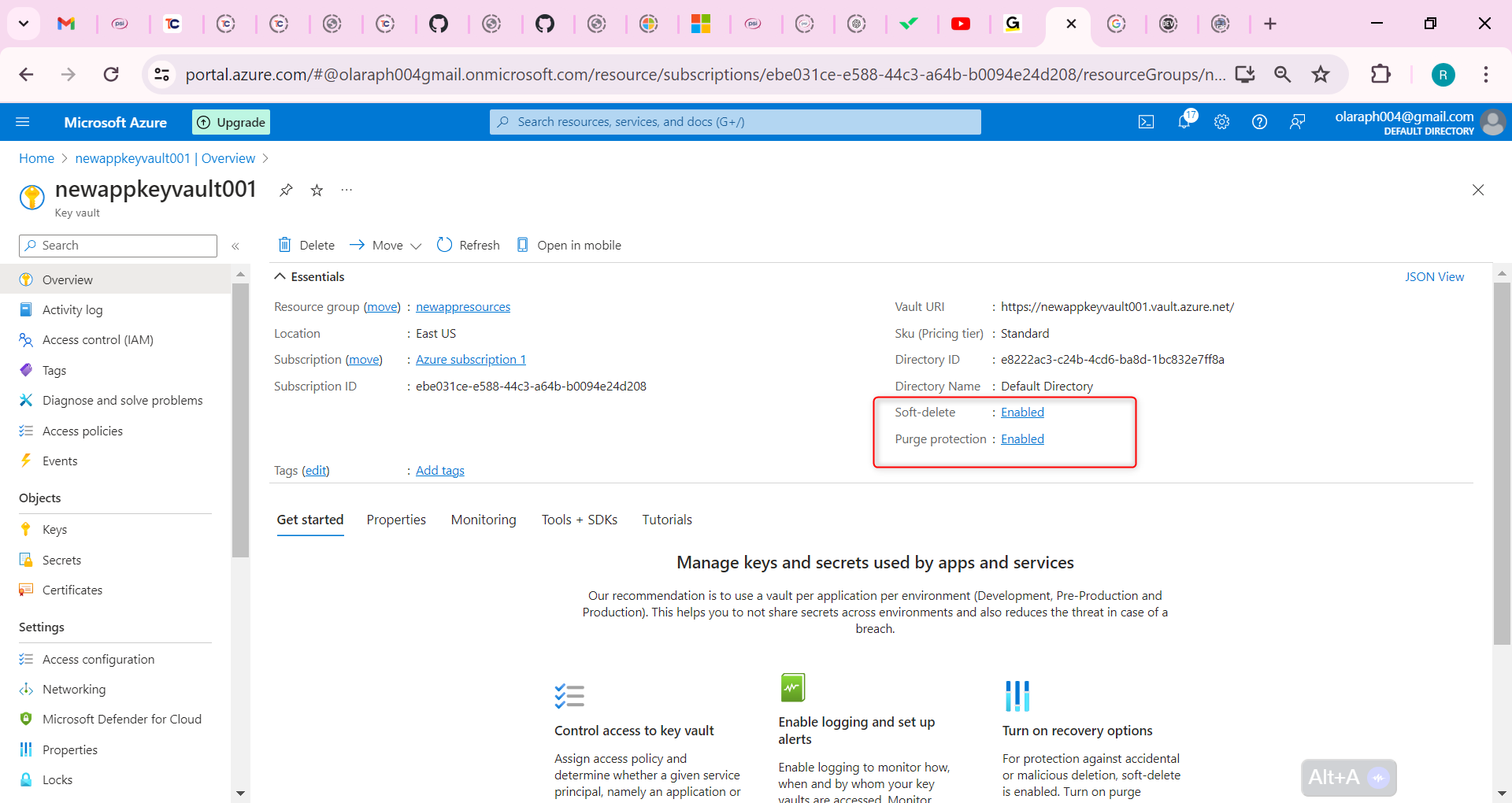 Soft-delete and Purge protection are enabled.