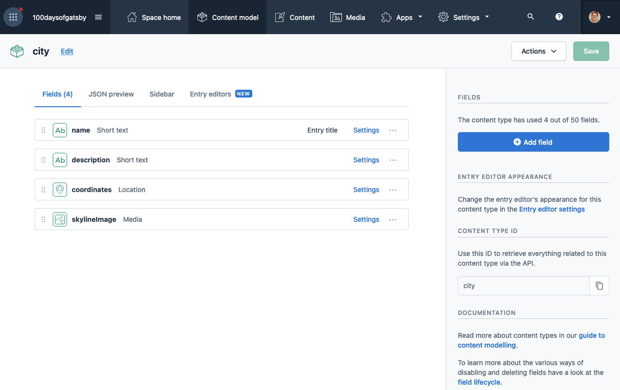 contentful dashboard showing the city content type