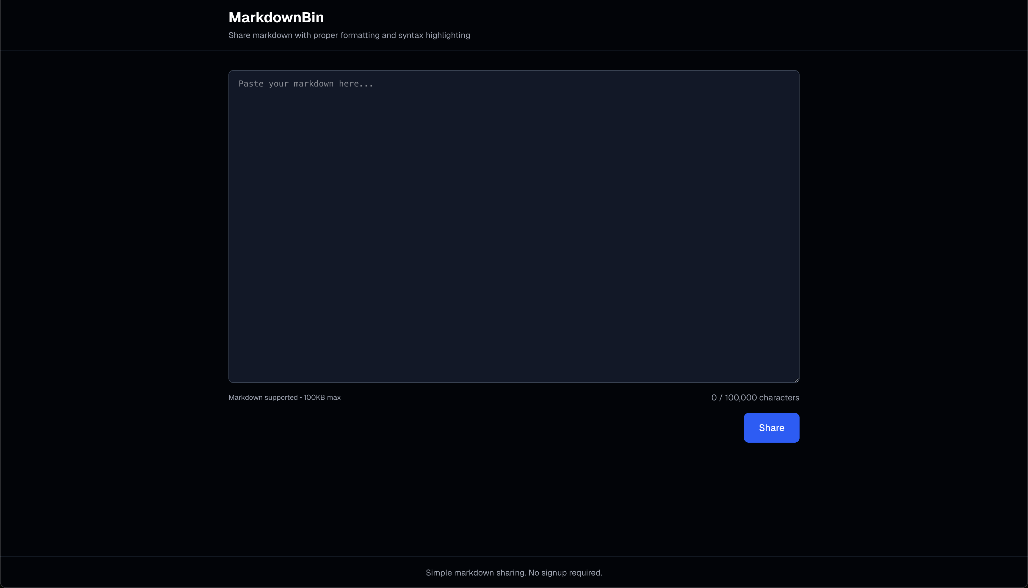 MdBin Homepage - Clean interface for pasting markdown