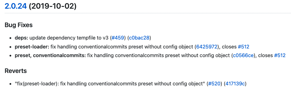 Change logs listed for a version with features/fixes added
