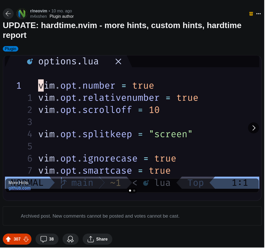 Reddit post introducing update of hardtime.nvim
