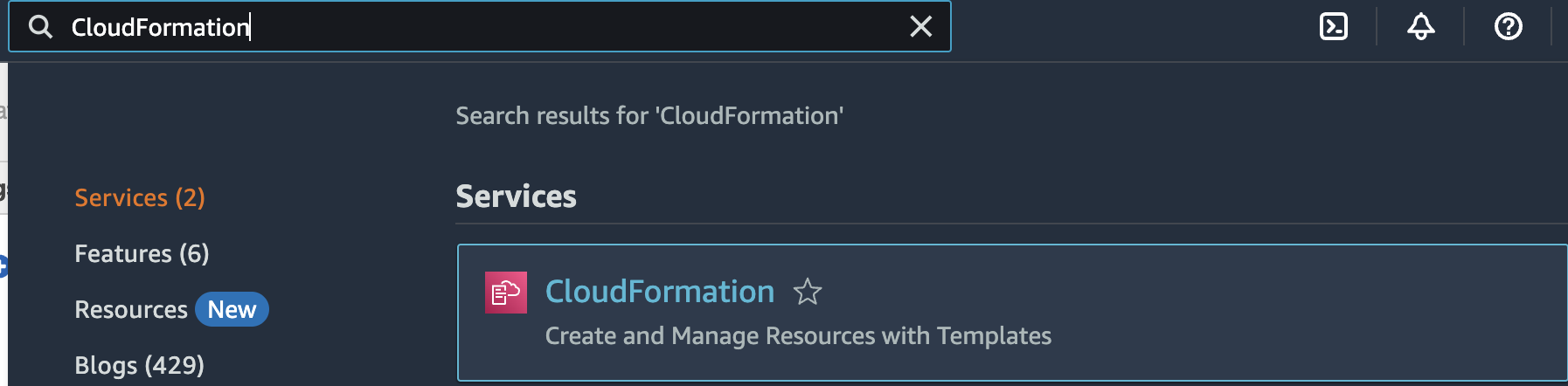 screenshot of a cloud formation search in the management console