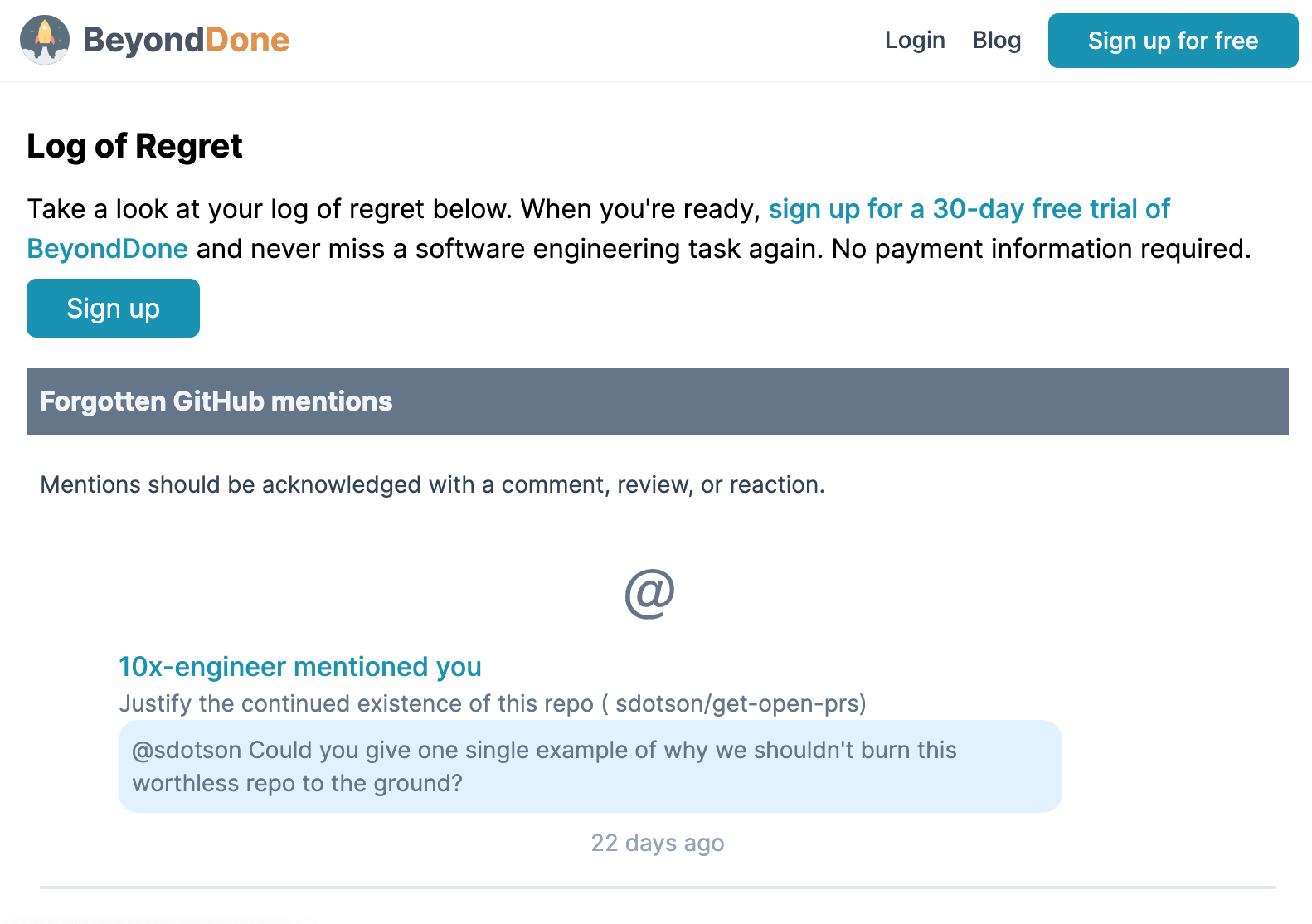 Screenshot of the log of regret