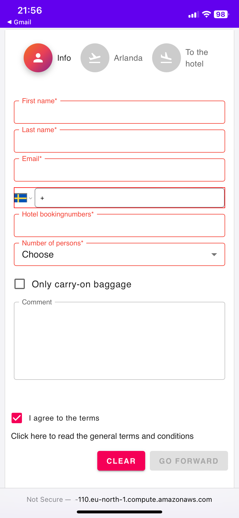 Form to book airport transfer. At the top are three icons marked Info, Arlanda and To the hotel. This is followed by input fields asking for customer details such as name, email, booking number and phone number. All fields are marked in red. At the bottom are two buttons, one marked clear which is red and one marked Go forward which is disabled