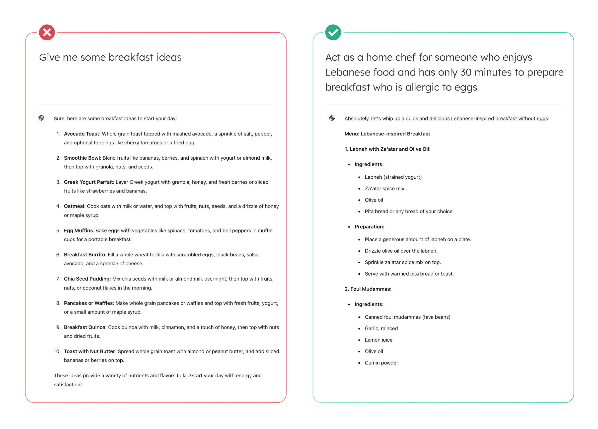 Example illustrating a good and bad prompt for a recipe recommendation