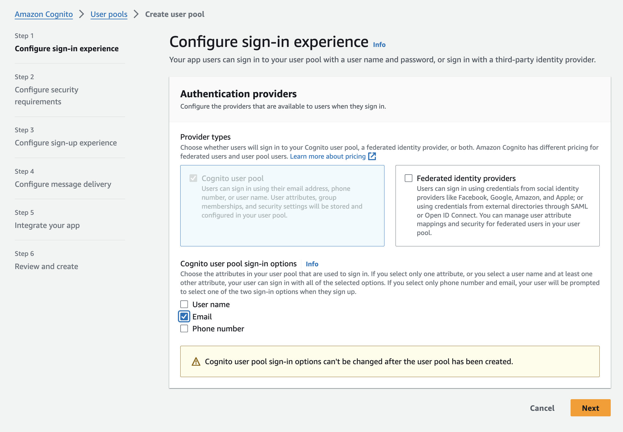 Cognito console on AWS
