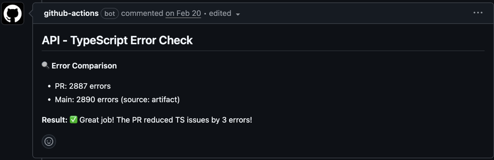 GitHub Action comment showing TypeScript error count per PR