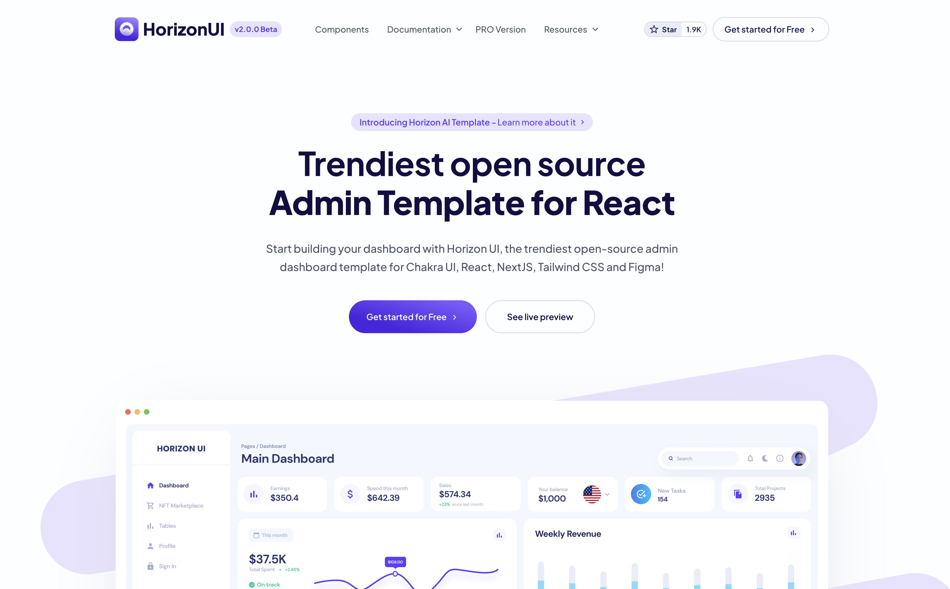 Horizon UI Dashboard - Open-source admin dashboard template for React, TailwindCSS, Chakra UI & NextJS