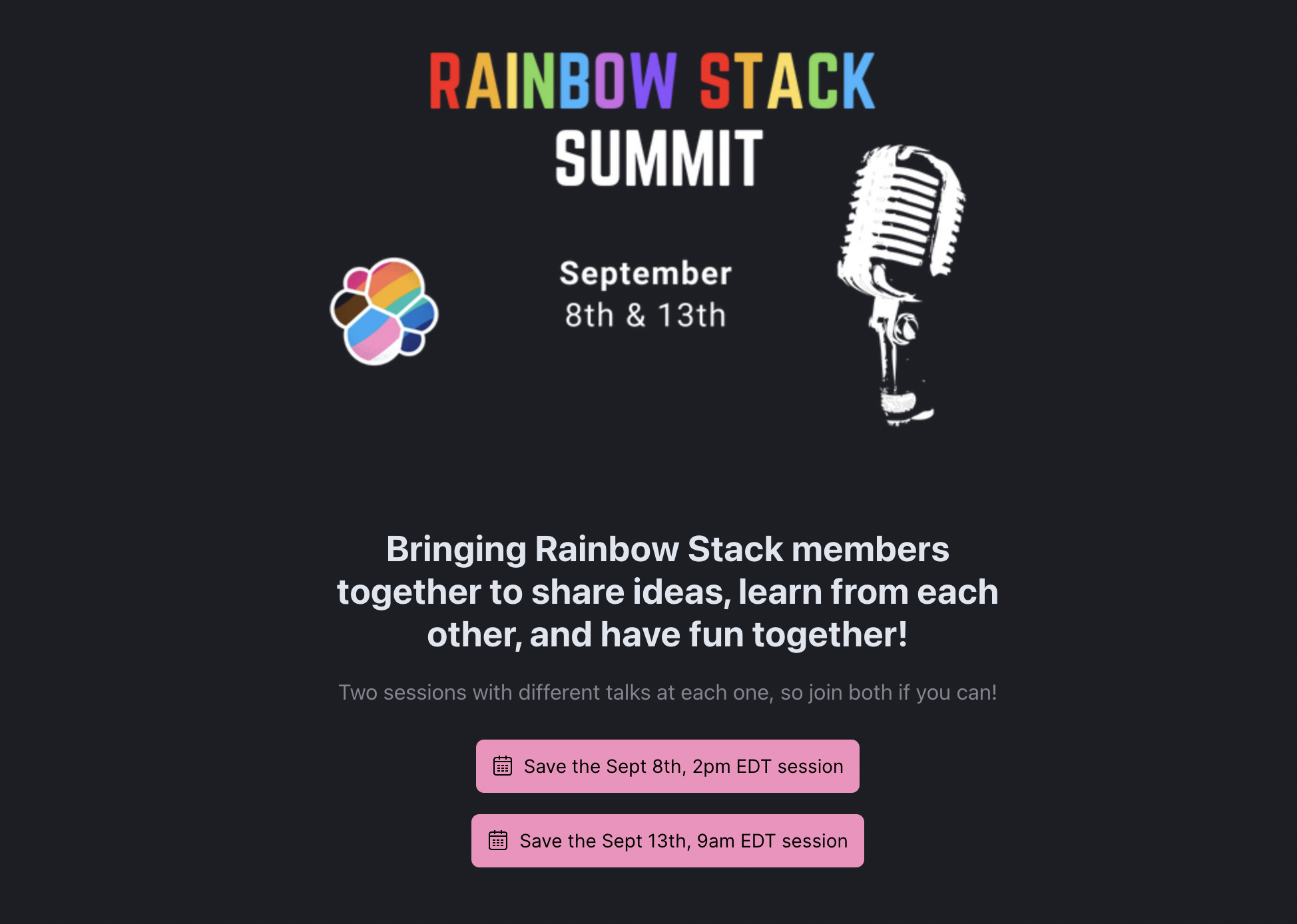 Site hero with image and dates, then description about the event and two buttons