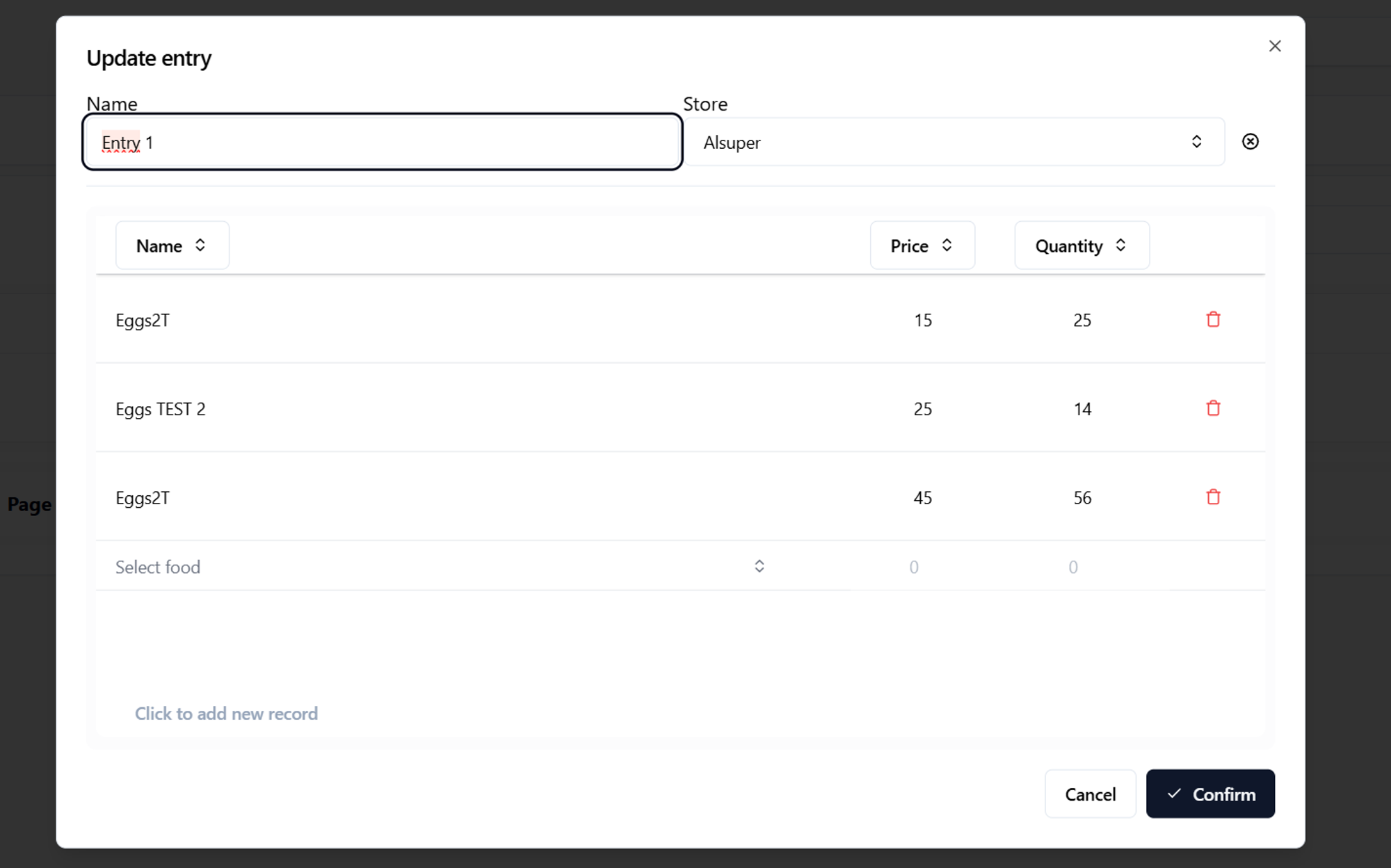 A modal showing how to add a new entry