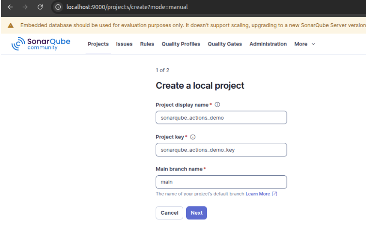 Local SonarQube create project step 1