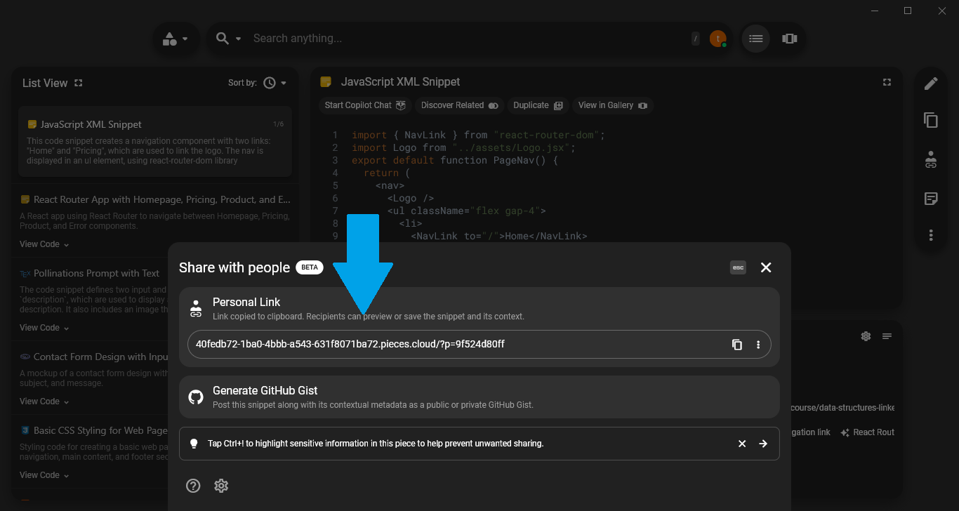 Personal shareable link generation