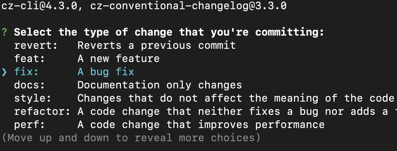 Computer terminal with 'npx cz' command output